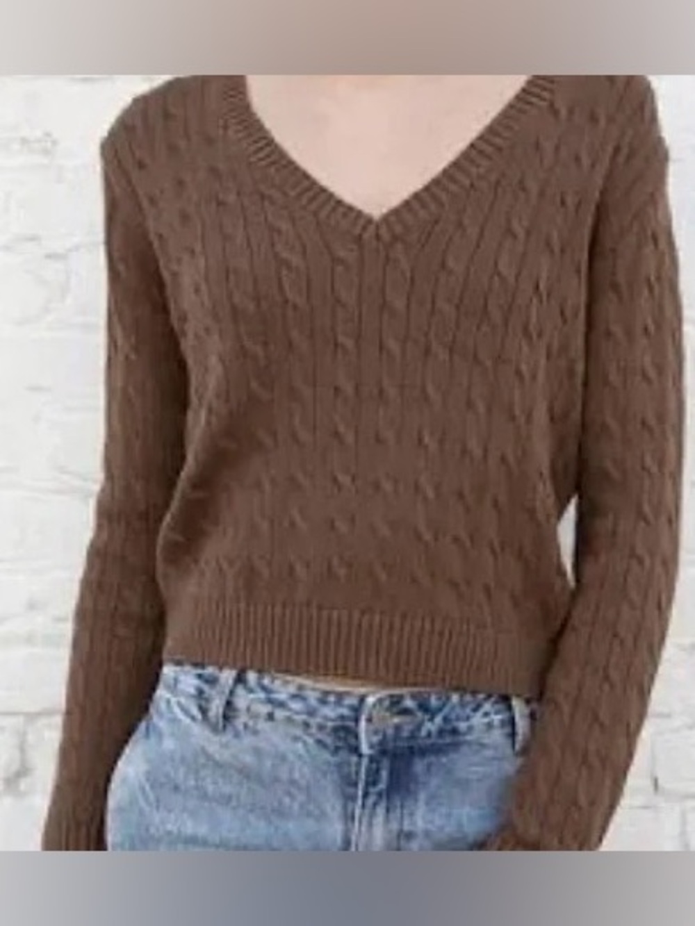 Brandy Melville V-Neck Cable Knit Sweater - Brown